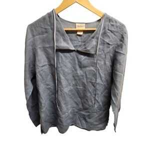 Neiman Marcus Womens Blue Linen Long‎ Sleeve Top Blouse